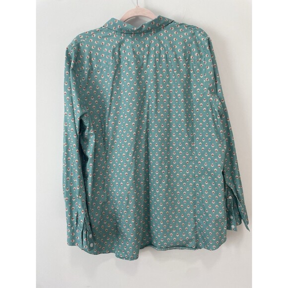 Lands End Supima No Iron Top Shirt Plus Size 22W Button Up Teal Novelty Print - Picture 1 of 8